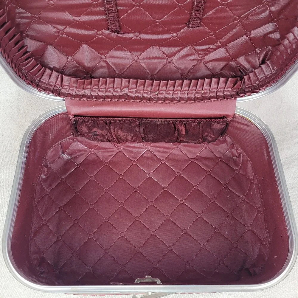 Vintage Burgundy Faux Leather Train Case Vanity Makeup Box Mid Century Travel
